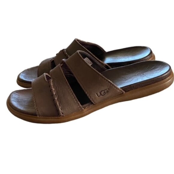 Ugg Brown Leather Slide Sandal 8 - Picture 1 of 7